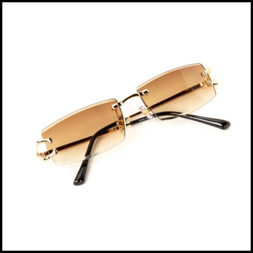 Retro Slim Rectangular Sunglasses Gold Frame Riml… - image 3